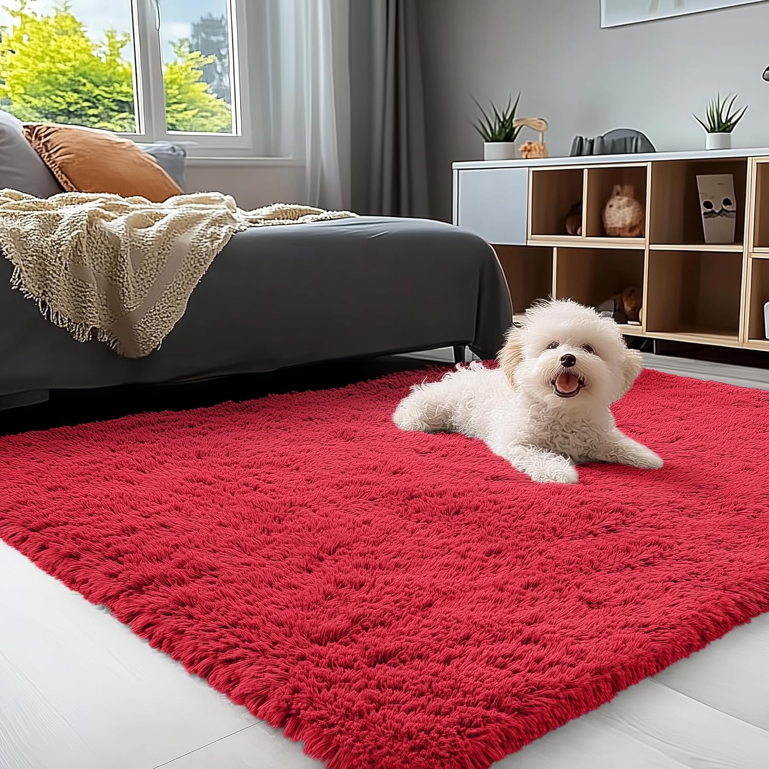 OLANLY Soft Fluffy 3x5 Machine Washable Bedside Rug - Cozy Indoor Carpet for Kids & Nursery, Red
