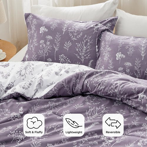 Bedsure King Comforter Set - Grayish Purple Bed Set, 3 Pieces Cute Floral Bedding, 1 Soft Reversible Botanical Flowers Comforter and 2 Pillow Shams