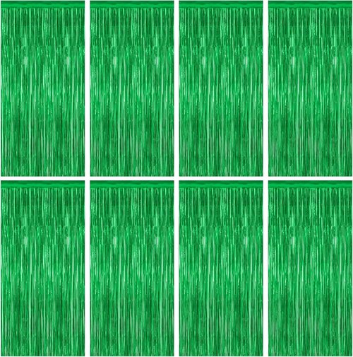 Green Streamer - 8 Pack Metallic Tinsel Fringe Curtains | 3.28 FT x 7.05 FT Dinosaur Backdrop for Jungle Party Decor