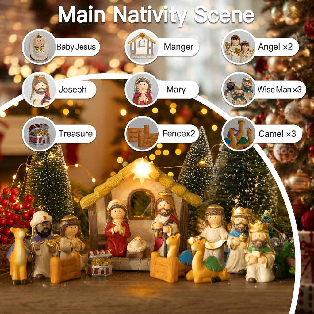 Nativity Advent Calendar 2025 - Light-Up Nativity Scene Set with Resin Figures for Kids