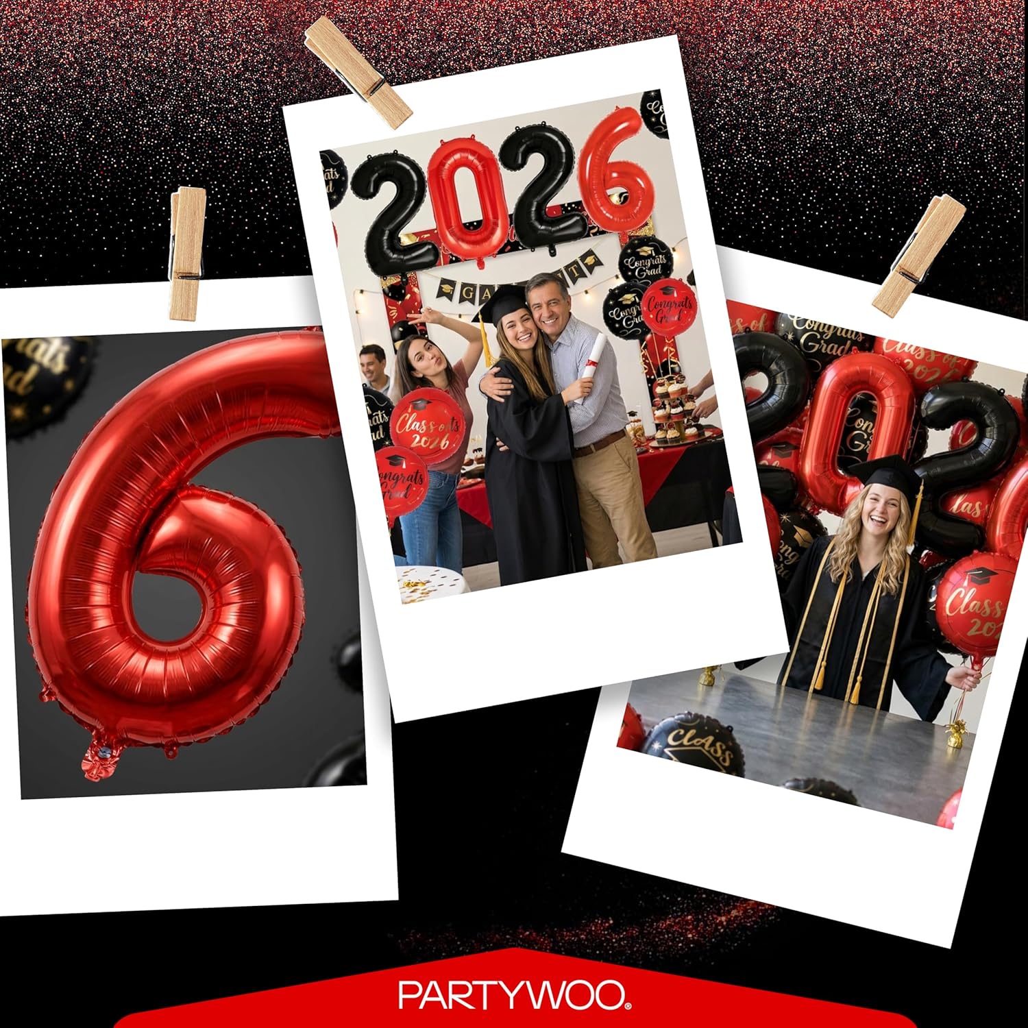 PartyWoo Graduation Balloons - Class of 2026 Foil Number & Mylar Balloons | Black, Red, Gold, 12pcs Set