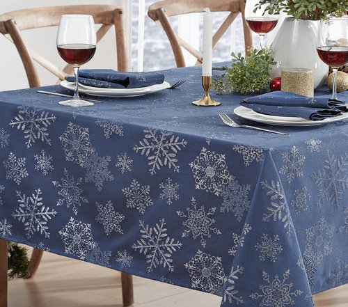 Newbridge Fancy Metallic Snowflake Christmas Fabric Tablecloth, 60 x 144 Inch Rectangle, Navy Silver, No-Iron Soil Resistant Sparkling Snowflakes Woven Holiday Table Cover
