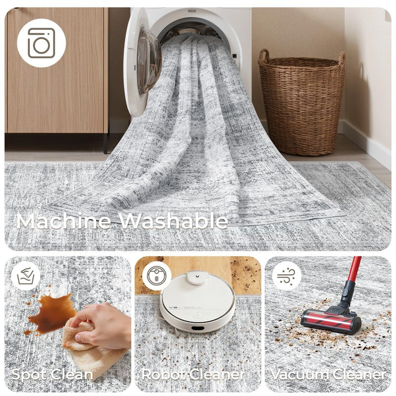 Restydon Kitchen Runner Rugs Non Skid Washable - 2.5 x 10 Runner Rug with Anti Slip Backing, Ultra-Thin Soft Rug Runner for Hallway, Bedroom, Living Room (2.5'x10', Grey/Ivory)