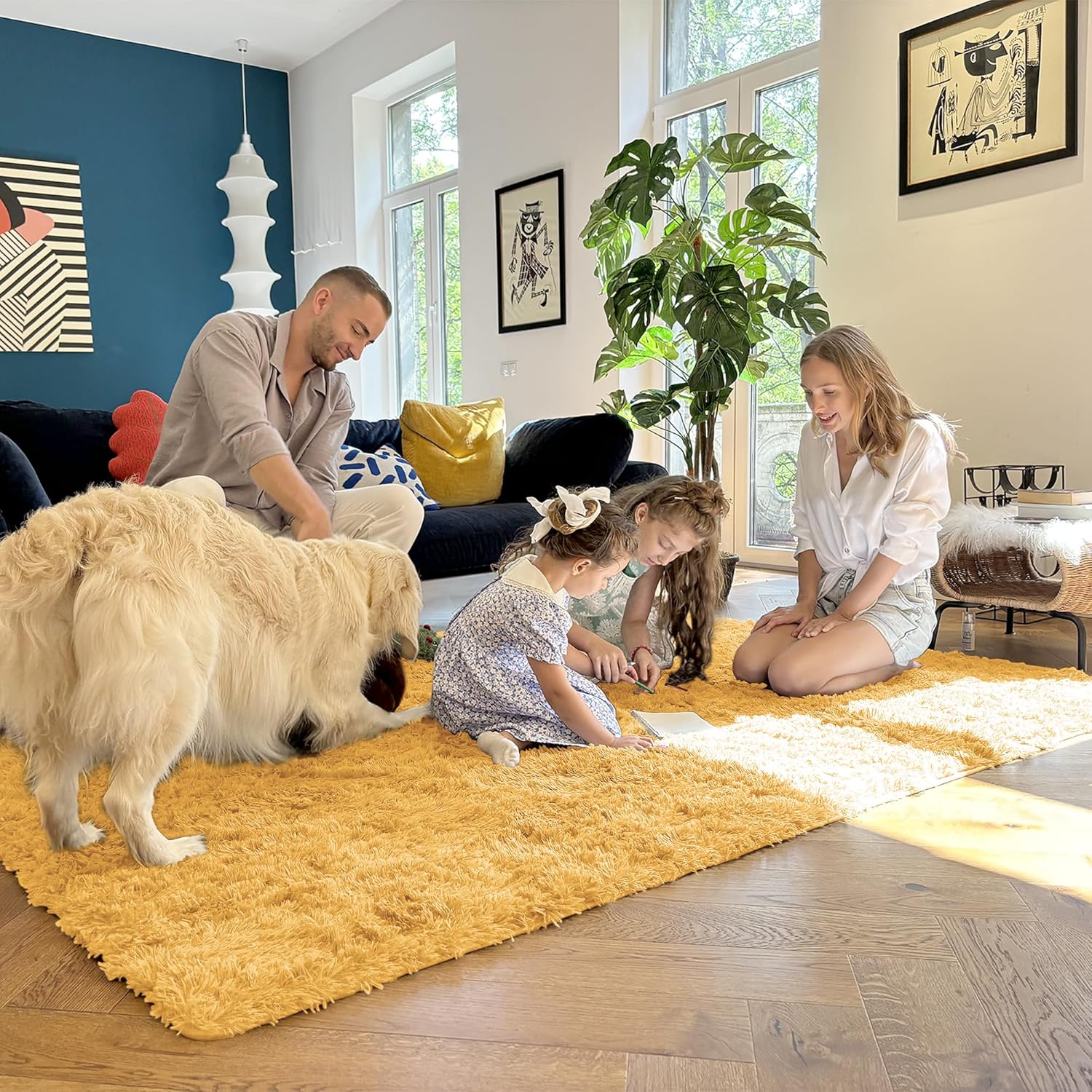 OLANLY 5x7 Large Area Rug - Soft Fluffy Shaggy Indoor Carpet for Living Room & Bedroom | Mustard Yellow