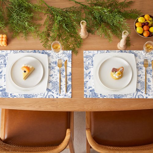QIYI Boho Placemats Set of 4, 12x18 Inch Linen Fabric Place Mats for Kitchen Dinning, Farmhouse Rustic Floral Cloth Table Mats, Washable Placemat Botanical Party Table Décor, Blue Garden