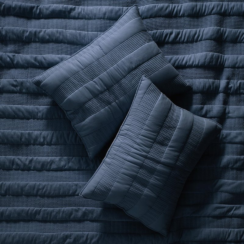 Navy Blue Striped Twin Size Quilt Set, Lightweight Pick Stitch Bedspread with 1 Sham, Soft Cloud Chambray Farmhouse Country Textured Coverlet Rustic Thin Comforter Spring Summer, 2-Piece Bedding Set