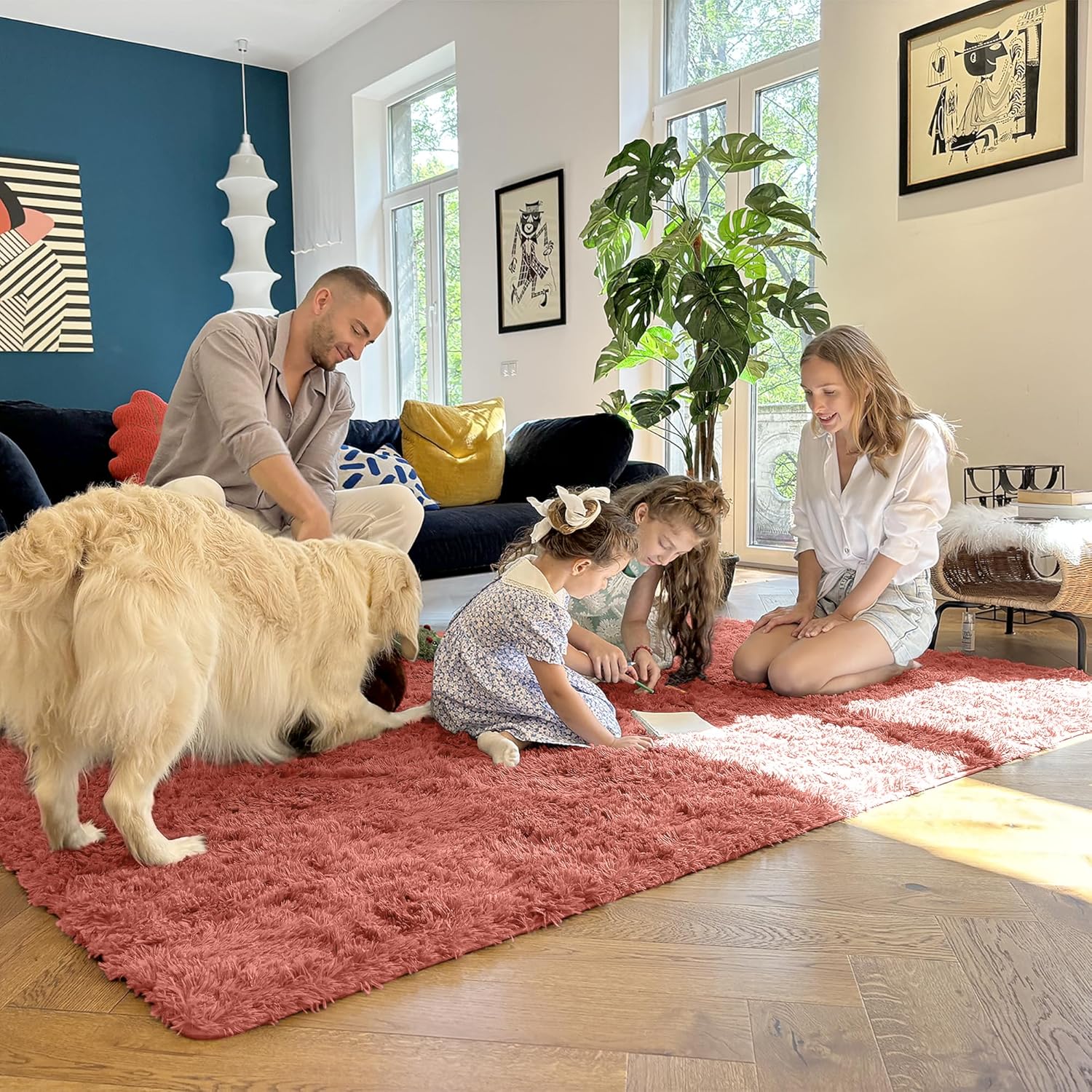 OLANLY Large Area Rug - Soft Fluffy Shaggy Carpet for Living Room & Bedroom | 9x12 Rust Red