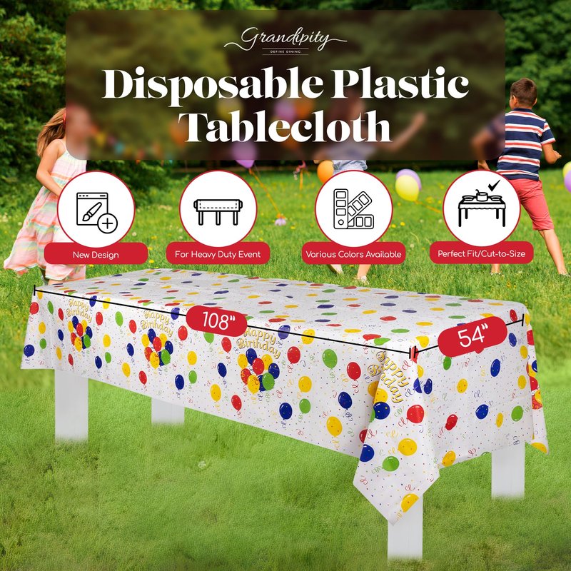 Grandipity Happy Birthday 12 Pack Premium Disposable Plastic Picnic Tablecloth 54 Inch x 108 Inch. Decorative Rectangle Table Cover