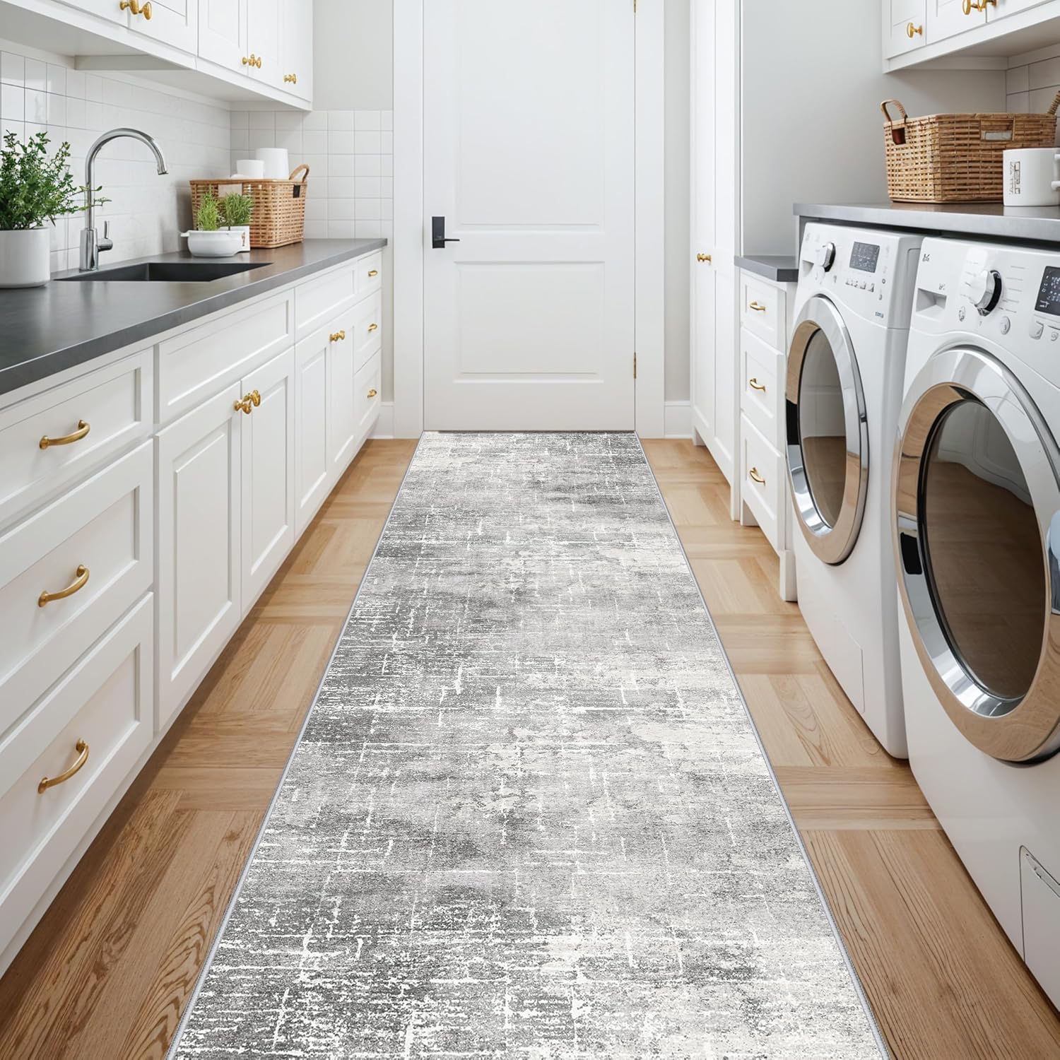 Skiennix Washable Long Hallway Runner Rug - Non-Slip Soft Abstract Design | 2'6"x12" Light Grey Carpet for Home & Office