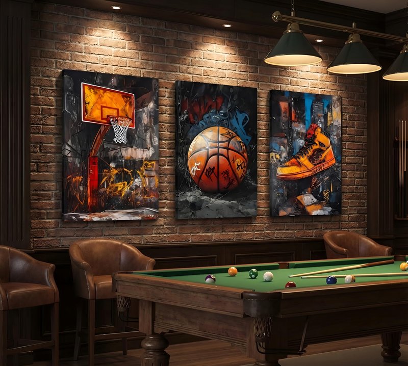 3pcs Graffiti Basketball Canvas Wall Art Basketball Court Sneakers Pictures Wall Decor Retro Abstract Graffiti Teen Posters Prints for Teen Boys Living Room Bedroom Decoration Ready To Hang