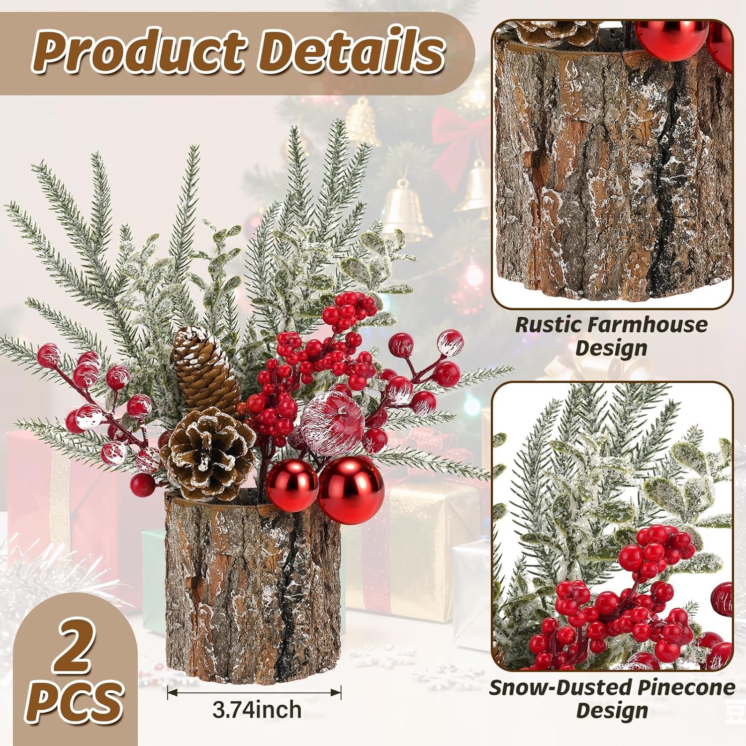 Regine Switzerland Christmas Table Centerpiece - Rustic Pinecones & Red Berries | 2-Piece Holiday Decor Set