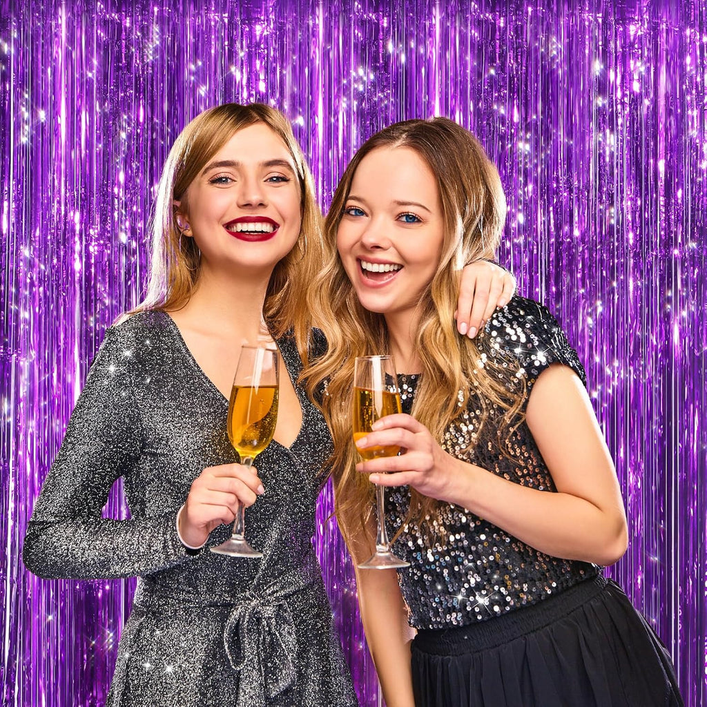 Skiennix Purple Metallic Tinsel Foil Fringe Curtains - 2 Pack Door Streamers for Parties & Events