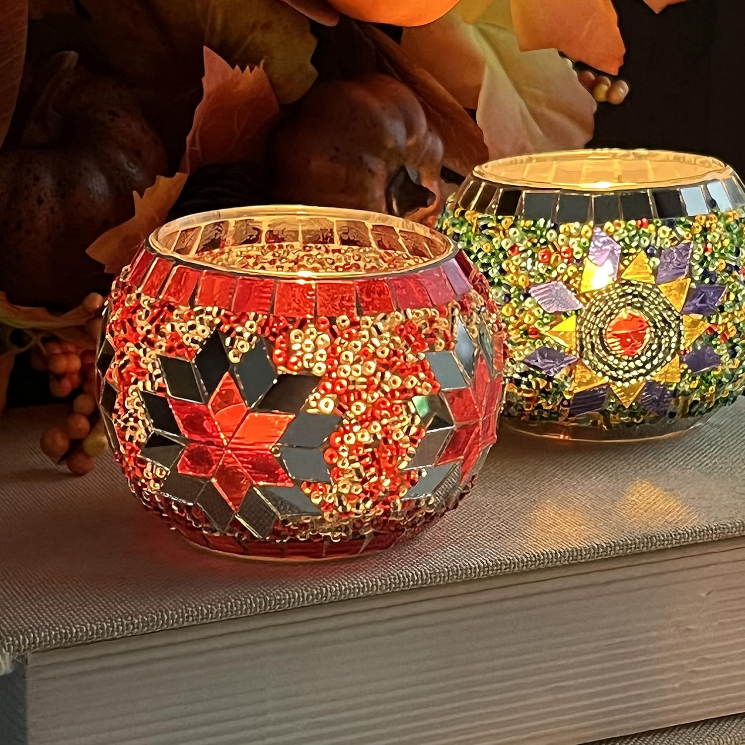 SHMILMH Glass Candle Holders - Handmade Mosaic Votive Set of 4 | Perfect for Diwali & Christmas Table Decor