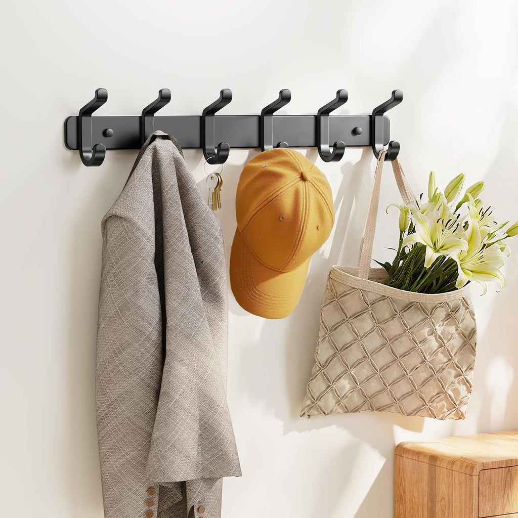 Pickpiff Coat Rack - Heavy-Duty Wall Mounted Metal Hanger with 6 Hooks for Hats, Clothes, and More | Black, 1 Pack