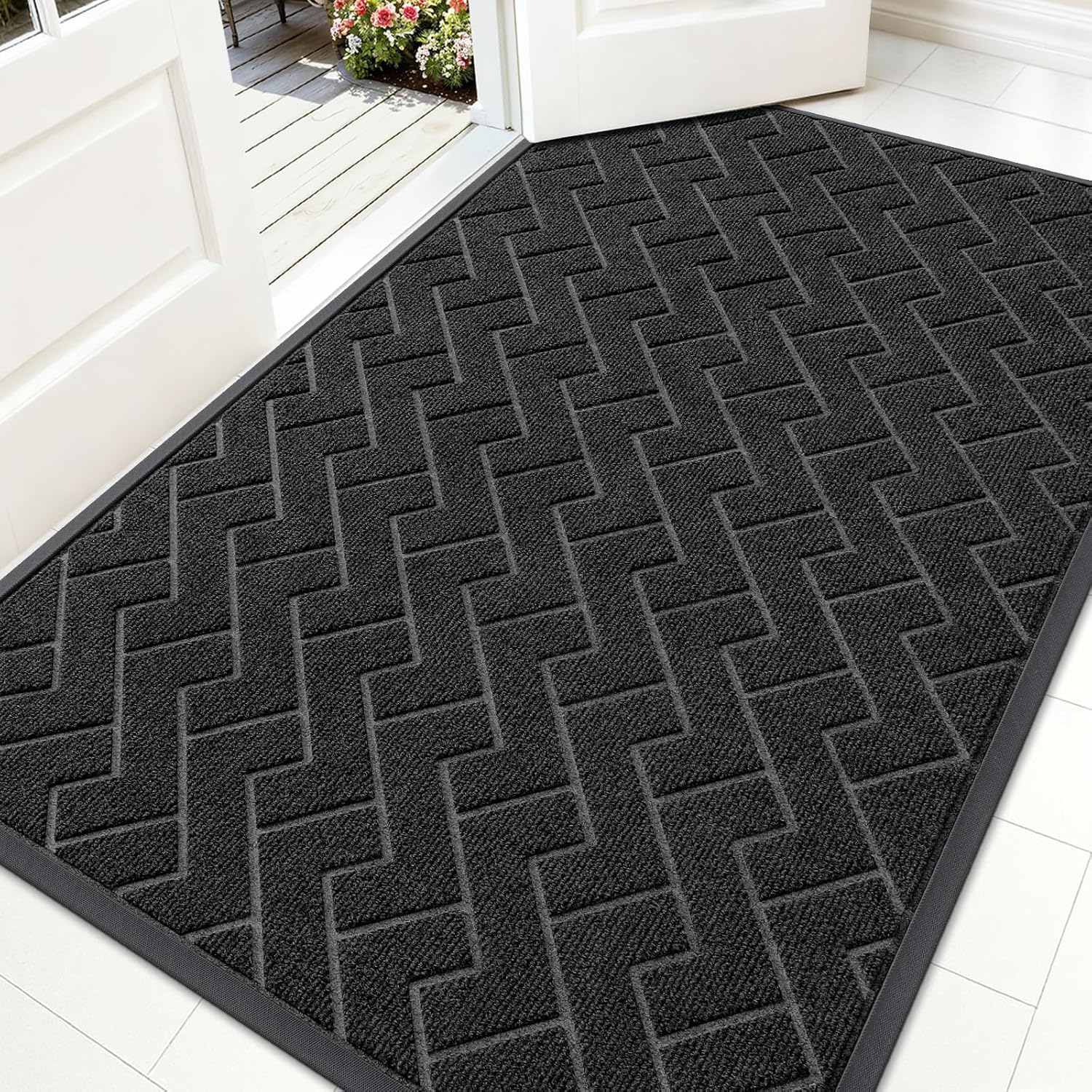OLANLY Waterproof All-Season Front Door Mat - Sturdy Natural Rubber, Low Profile, Easy Clean | Herringbone Brick (Black, 59x35)
