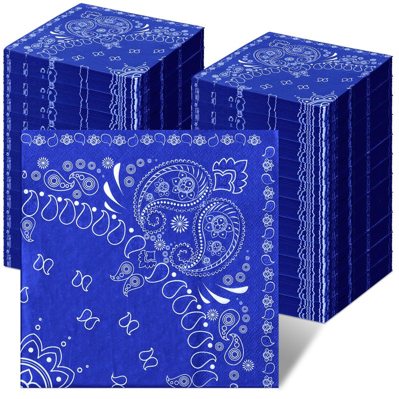 Teling 200 Pcs Western Bandana Napkins 2 Ply Bandana Paper Napkins Bulk Disposable Paisley Print Cocktail Napkin for Western Cowboy Theme Birthday Party Supplies, 6.3 * 6.3"(Blue)
