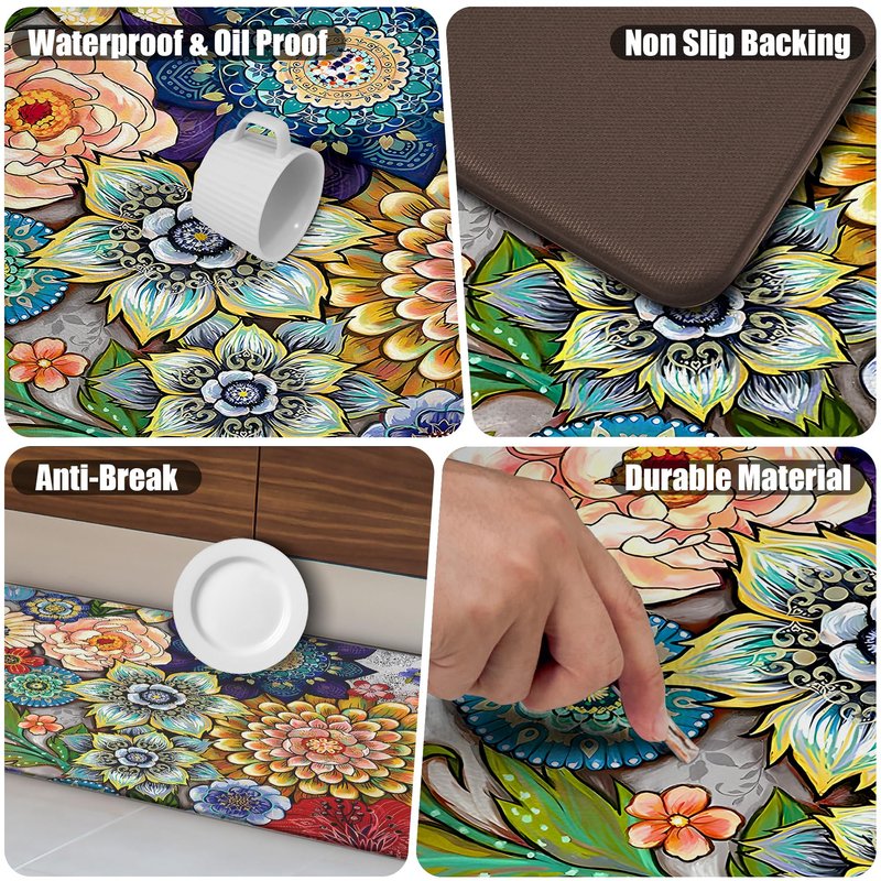 Tubeamin Floral Kitchen Rug Mat for Floor Boho Cushioned Anti-Fatigue Mat Non-Slip Standing Desk Waterproof Comfort Floor Mat for Sink, Office, Laundry, 17.3x28 Inch