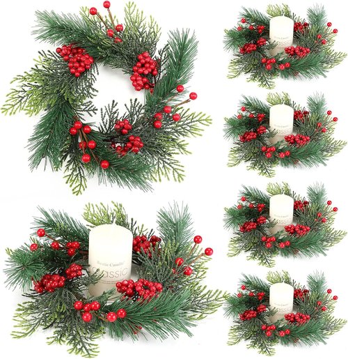 Knitgrip Mini Christmas Candle Rings - 4 Pcs Red Berry Pinecone Wreaths for Holiday Decor | Table Centerpieces