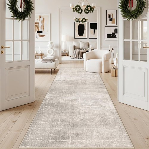 **Regine Switzerland Washable Runner Rug - Stain Resistant Abstract Design | 4x10 Beige/Cream for Kitchen & Entryway**
