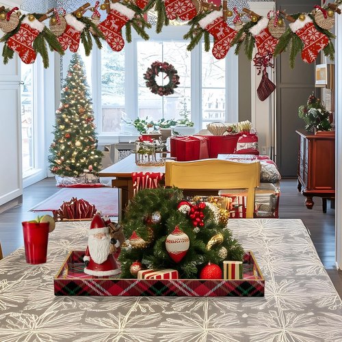 MAONAME Christmas Decorative Tray, Plastic Red Serving Tray with Handles, Modern Rectangular Christmas Trays, Coffee Table Trays for Living Room, Home Decor, 15.7" x 11.8" x 1.6"