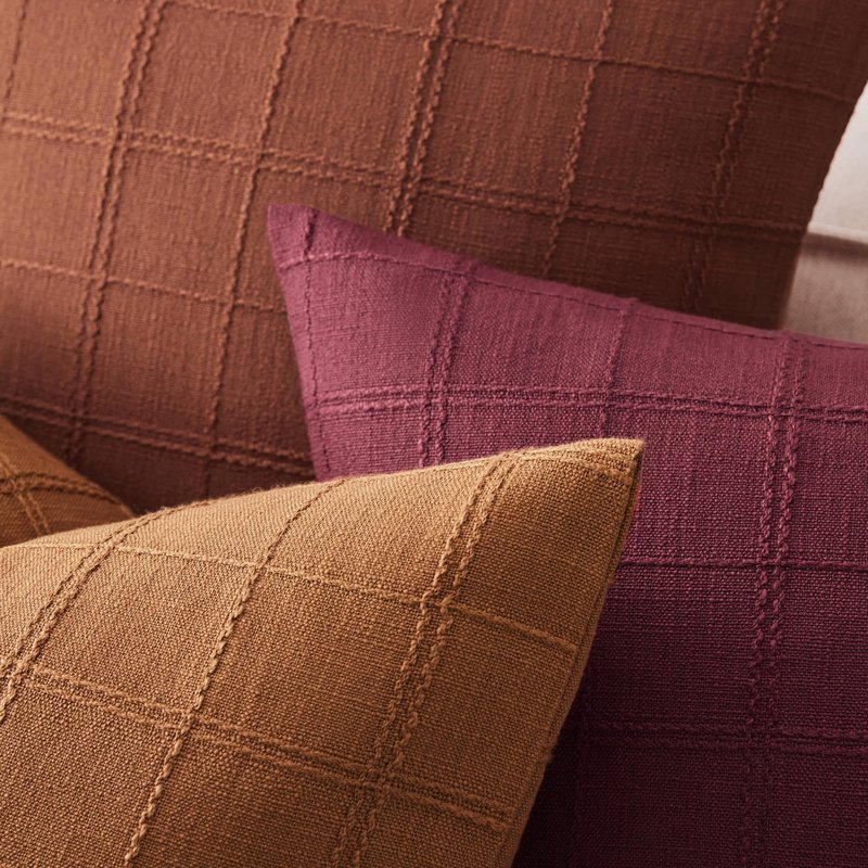 ZeeMart Linen Checked Throw Pillow Covers Set of 2, 20x20 Inch Allover Grid Burgundy, Farmhouse Decorative Double Sided Grid Embroidered Couch Pillow Cases Red Cotton Linen Cushion Covers