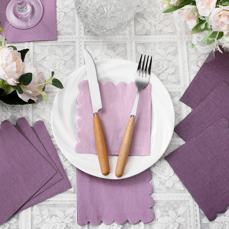 Zhanmai 100 Pack Cocktail Napkins 5 x 5 Inch Scalloped Napkins Beverage Gradient Color Paper with Scalloped Edges Thick Disposable Luncheon for Party Supplies (Purple)