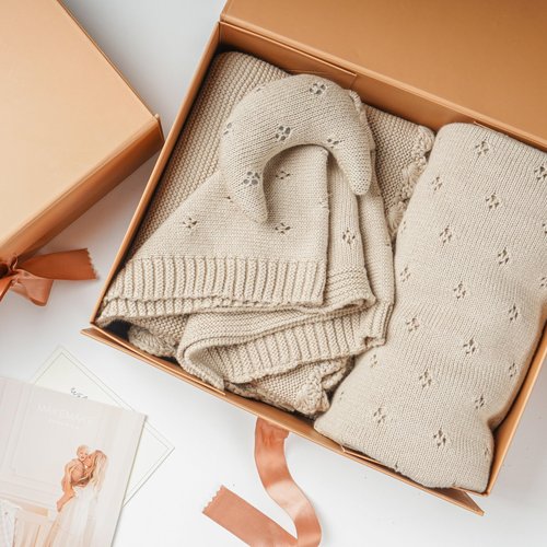 MakeMake Organics GOTS Certified Organic Cotton Baby Boys Girls Knit Baby Blanket Pointelle Lovey Newborn Gift Baby Shower Set - Moon Beige, 30"x40"