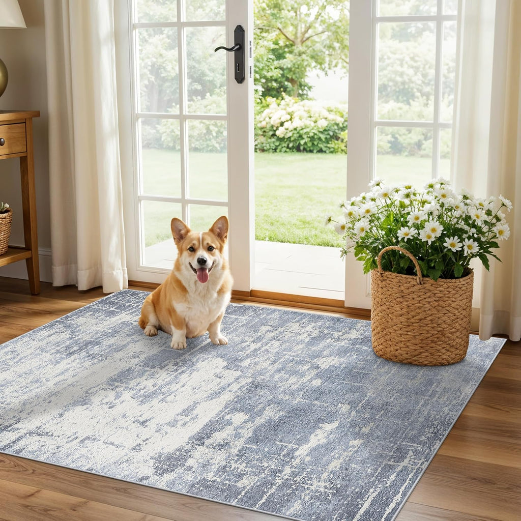 Skiennix Washable Kitchen Area Rug - Abstract Stain-Resistant Non-Slip Doormat | 3x4 ft, Blue/Ivory