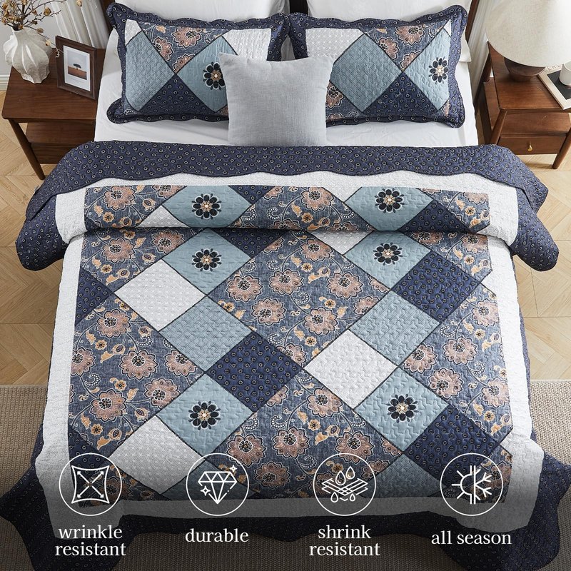 ENJOHOS Alaska King Quilts 132x120, 3 Pcs Blue Plaid Floral Oversized King Quilt, Extra Wide Patchwork Bedspread Coverlet Set for All Seasons, Reversible Bedding Set