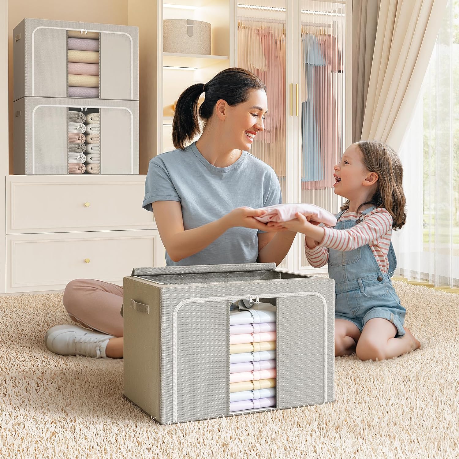 Skiennix Clothes Storage Bins - Foldable Organizers with Metal Frame | 66L, 3-Pack for Clothes & More