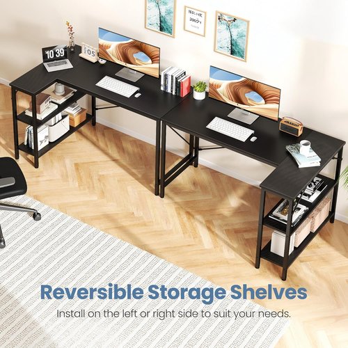 DUMOS L-Shaped Desk - 47 Inch Computer Desk with Reversible Storage Shelves - Modern Black for Home Office & Gaming