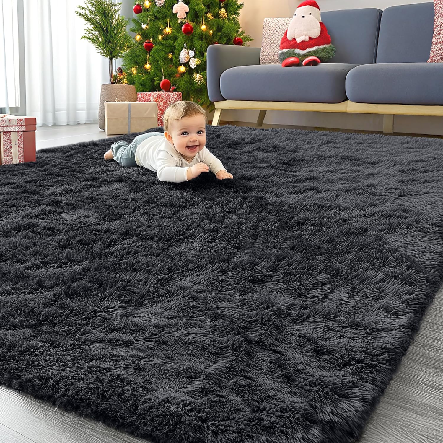 OLANLY Large Area Rug - Soft Fluffy Shaggy Carpet for Living Room & Bedroom | 8x10 Black