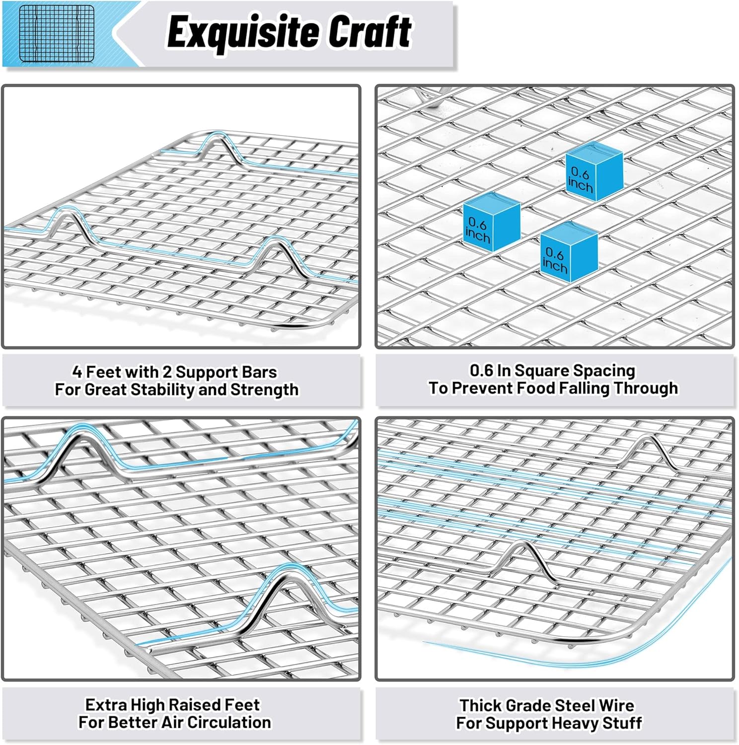 TeamFar Stainless Steel Cooling Racks - 2-Piece Heavy Duty Grid Wire Set for Baking & Roasting | 9.75’’ x 7.5’’