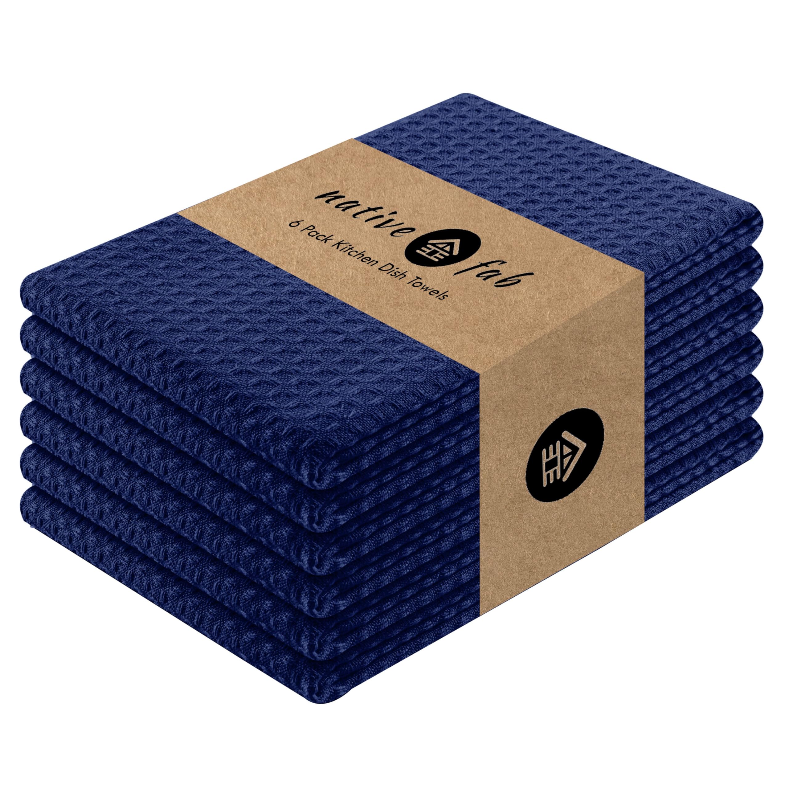 Native Fab Waffle Kitchen Towel - 6 Pack - Absorbent Dish Towel for Cleaning, Drying, and Cooking - 100% Cotton Durable Kitchen Essential for Home Use, Quick Drying Towels, 16x26 inches - Ink Blue