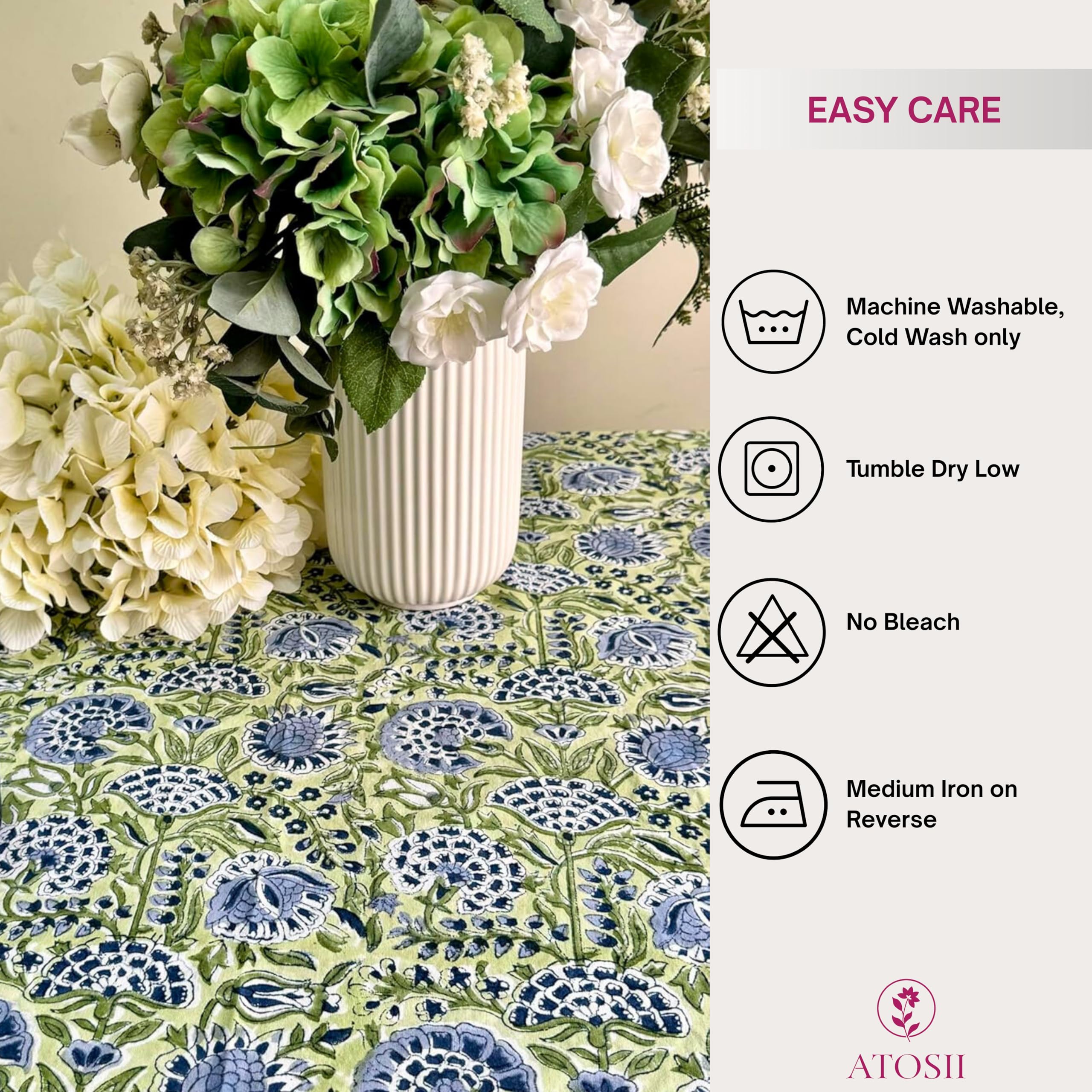 ATOSII Amara 100% Cotton Round Summer Tablecloth, Handblock Print Floral Table Cloth for Kitchen Dining Linen I Parties, Weddings, Outdoors I Grand Millennial Farmhouse Home Decor 90" Inches Round