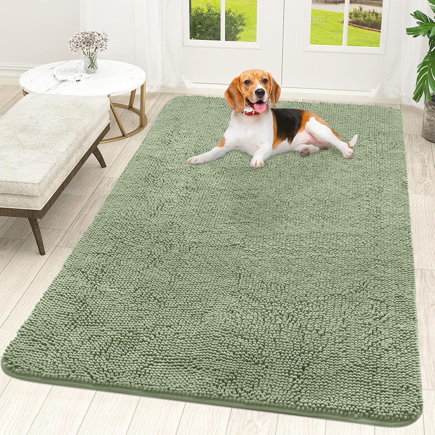 OLANLY Dog Door Mat - Absorbent Non-Slip Chenille Mat for Muddy Paws | 70x46 Inches, Sage Green