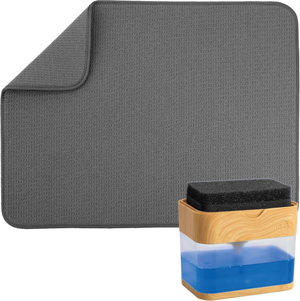 S&T INC. Dish Drying Mat - Charcoal 18" x 24" with Bamboo Dish Soap Dispenser Bundle