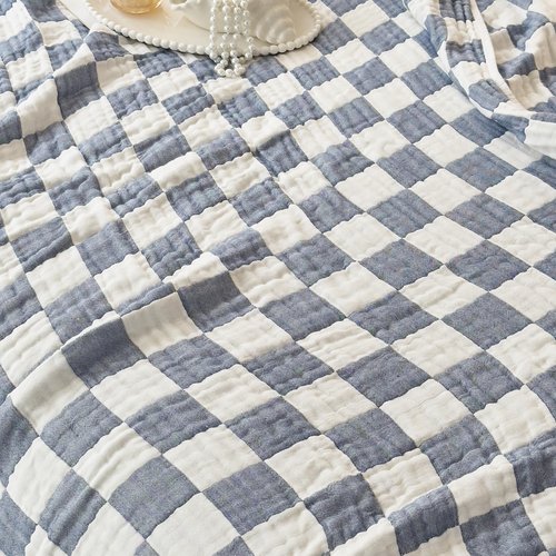 Ultra Soft Cozy 6-Layer Checkered Muslin Blankets for Adults 100% Cotton King Size 90"x104" Bed Blanket Breathable Lightweight Suitable for All Seasons Both Sides Blue