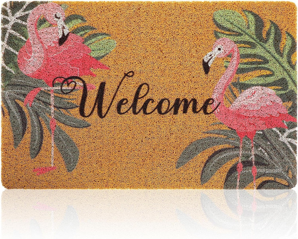 Tinideya Flamingo Welcome Door Mat - Tropical Palm Leaves Design | Washable Non-Slip Rug 17x29 Inch