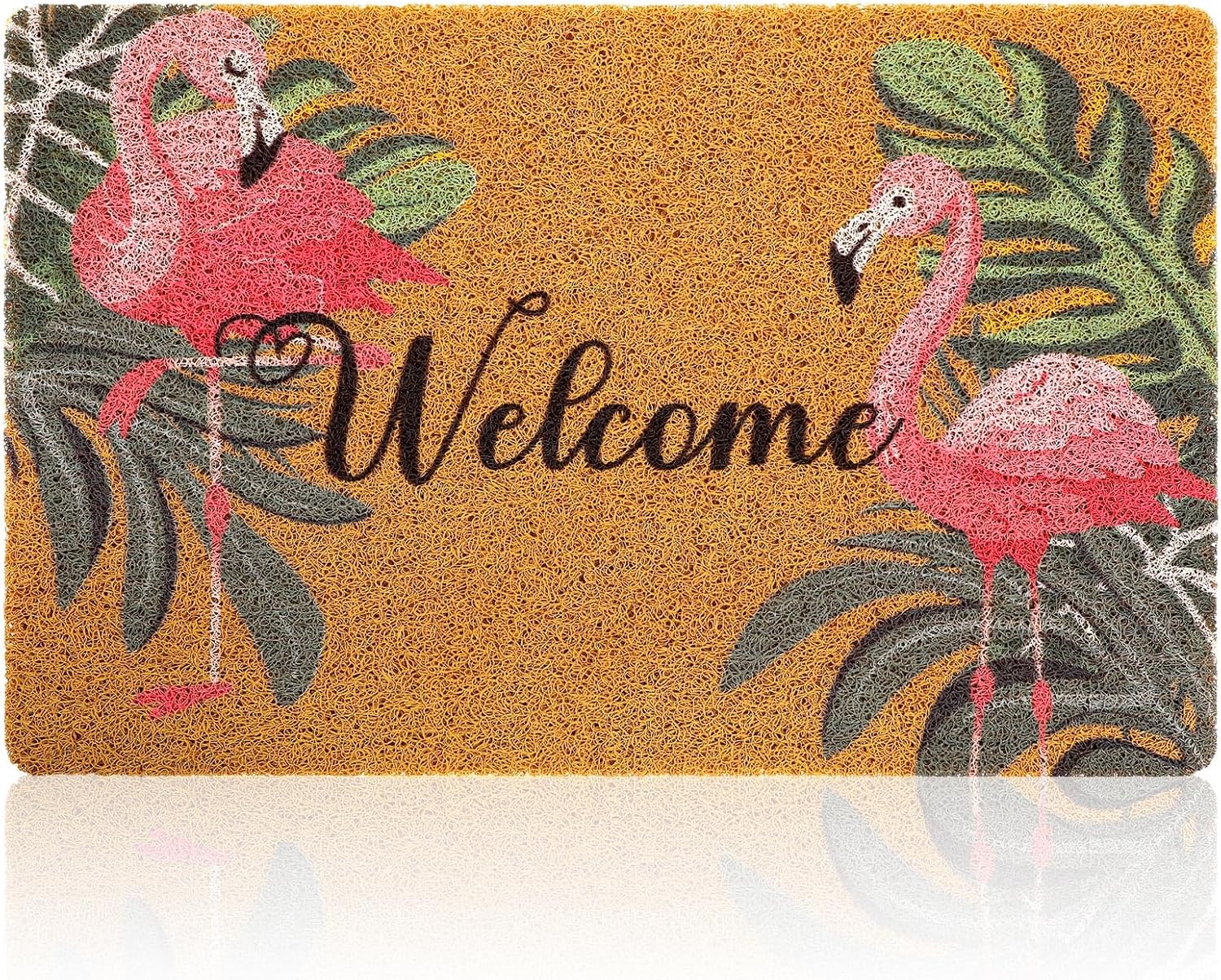 Tinideya Flamingo Welcome Door Mat - Tropical Palm Leaves Design | Washable Non-Slip Rug 17x29 Inch