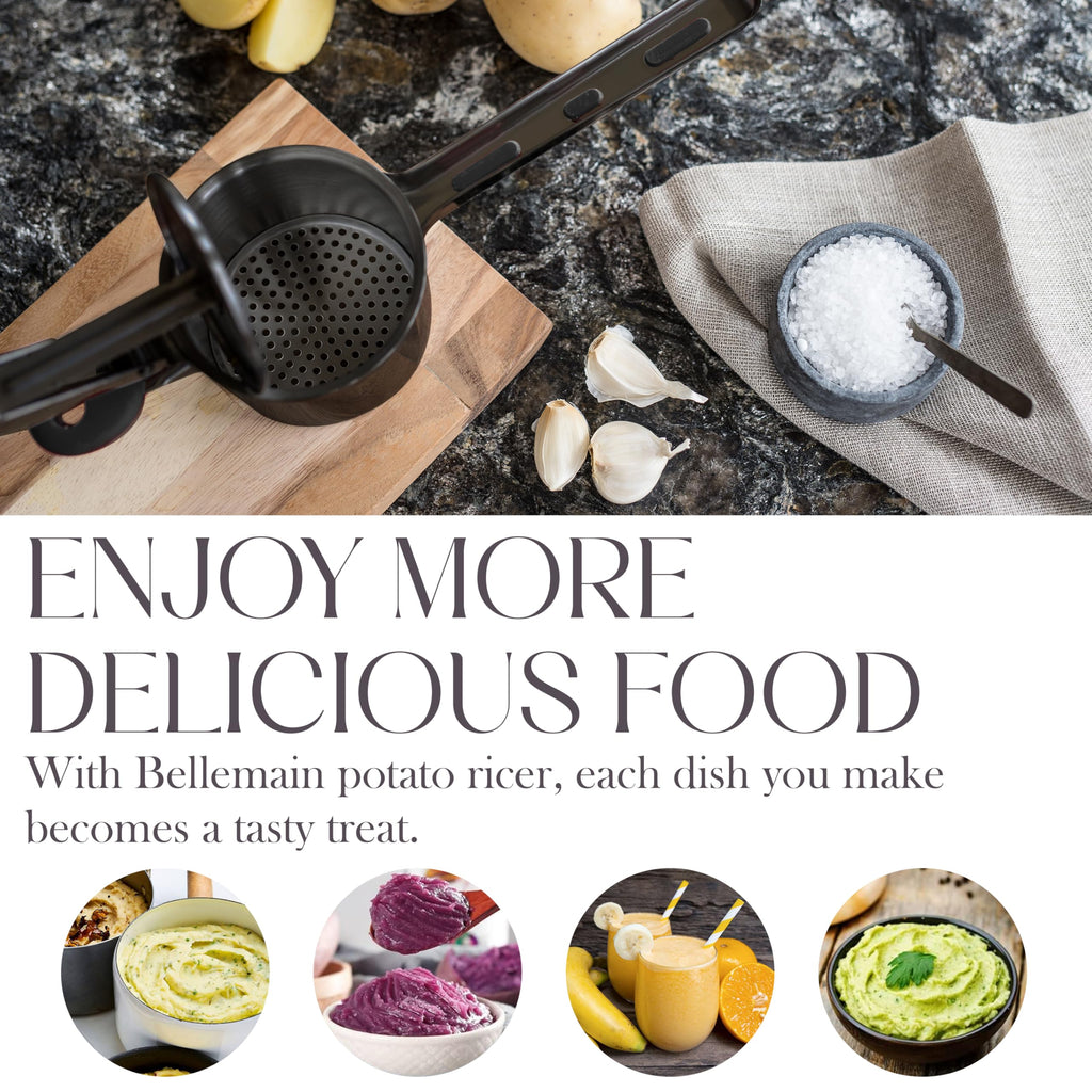 Bellemain 15 oz Large Potato Ricer | Heavy-Duty Stainless Steel Potato Ricer & Masher | Perfect for Mashed Potatoes | Ricer Kitchen Tool with 3 Interchangeable Discs (Metallic Black)