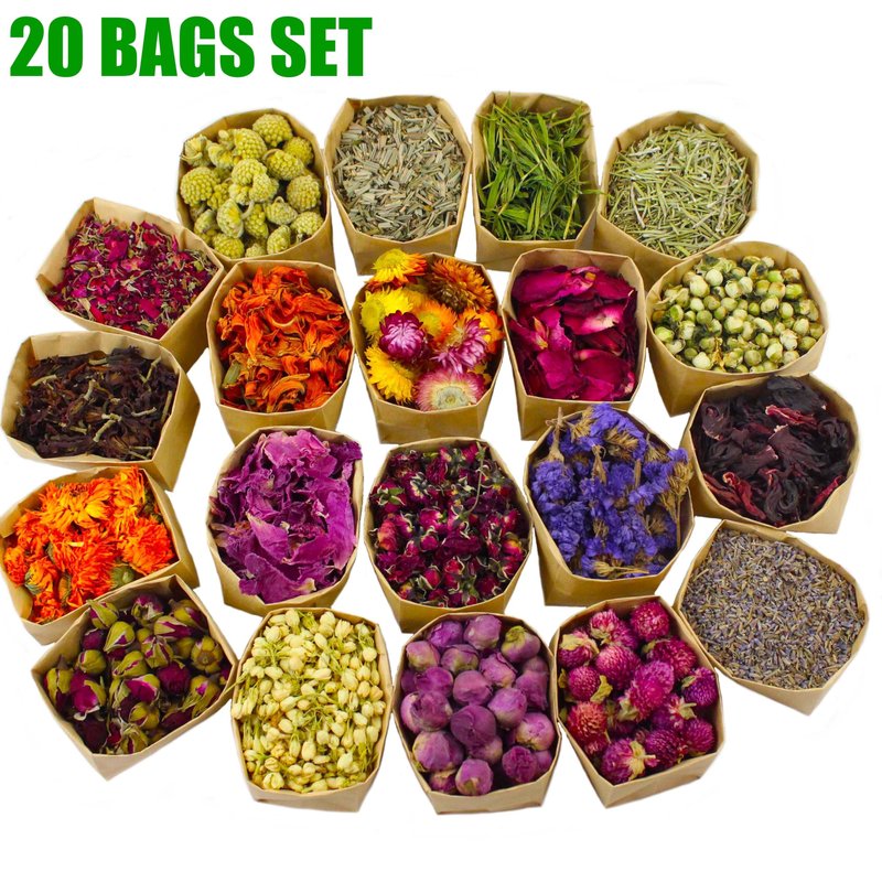20 Pack*0.28oz Organic Dried Flowers|Linen Bag&Bamboo Clamp,Gluten-Free,Candle Soap Making,Lavender,Pink Rose,Jasmine and More
