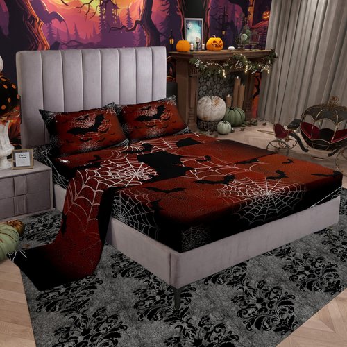 Castle Fairy Halloween Themed Bed Sheet Set Queen Size,Black Bat Gothic Animal Print Bedding Set for Children Adult,White Spider Web Retro Red Sheet Sets with Flat, Fitted Sheet, 2 Pillowcases