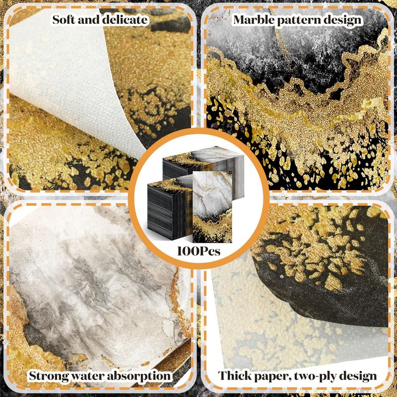 Geyoga 100 Pcs Marble Guest Napkins 2 Ply Disposable Guest Bathroom Paper Black Gold Decorative Napkins Marbleized Hand Towels for Home Bathroom Kitchen Party Table Decor