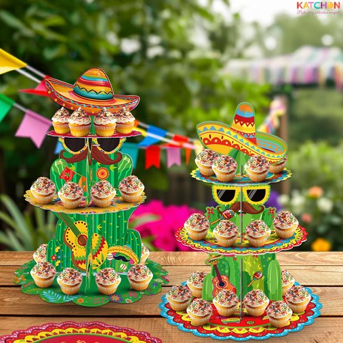 KatchOn, 2Pcs Fiesta Cupcake Stand – 3 Tier Cactus Cupcake Holder for Summer, Taco Party, Cinco de Mayo, Tropical Theme, Mexican Birthday, Fiesta Decorations, Cactus Party Supplies
