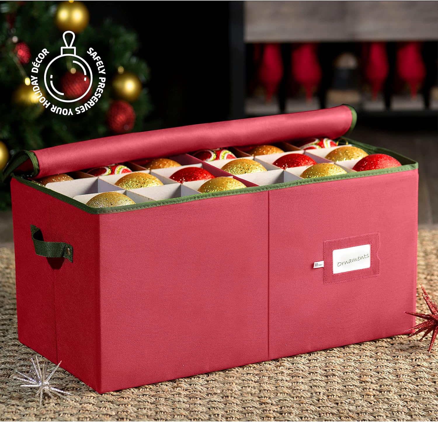 ZOBER Large Christmas Ornament Storage Box - Organizes 54 4" Ornaments with Dividers - Durable Red Container