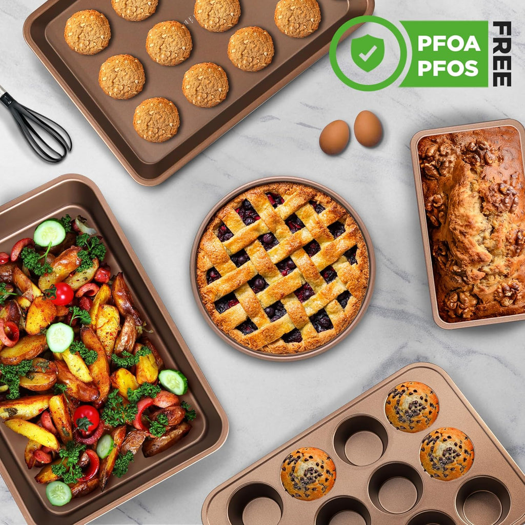 NutriChef 6-Piece Nonstick Bakeware Set - Carbon Steel Baking Pans, Cookie Sheets & More | Gold Finish