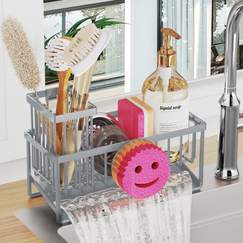 Taugast Smiley Face Sink Caddy, Stainless Steel, Gray, Kitchen Sink Organizer, Self-Draining, Non-Slip, Large, 9.5" x 4" x 6.3"