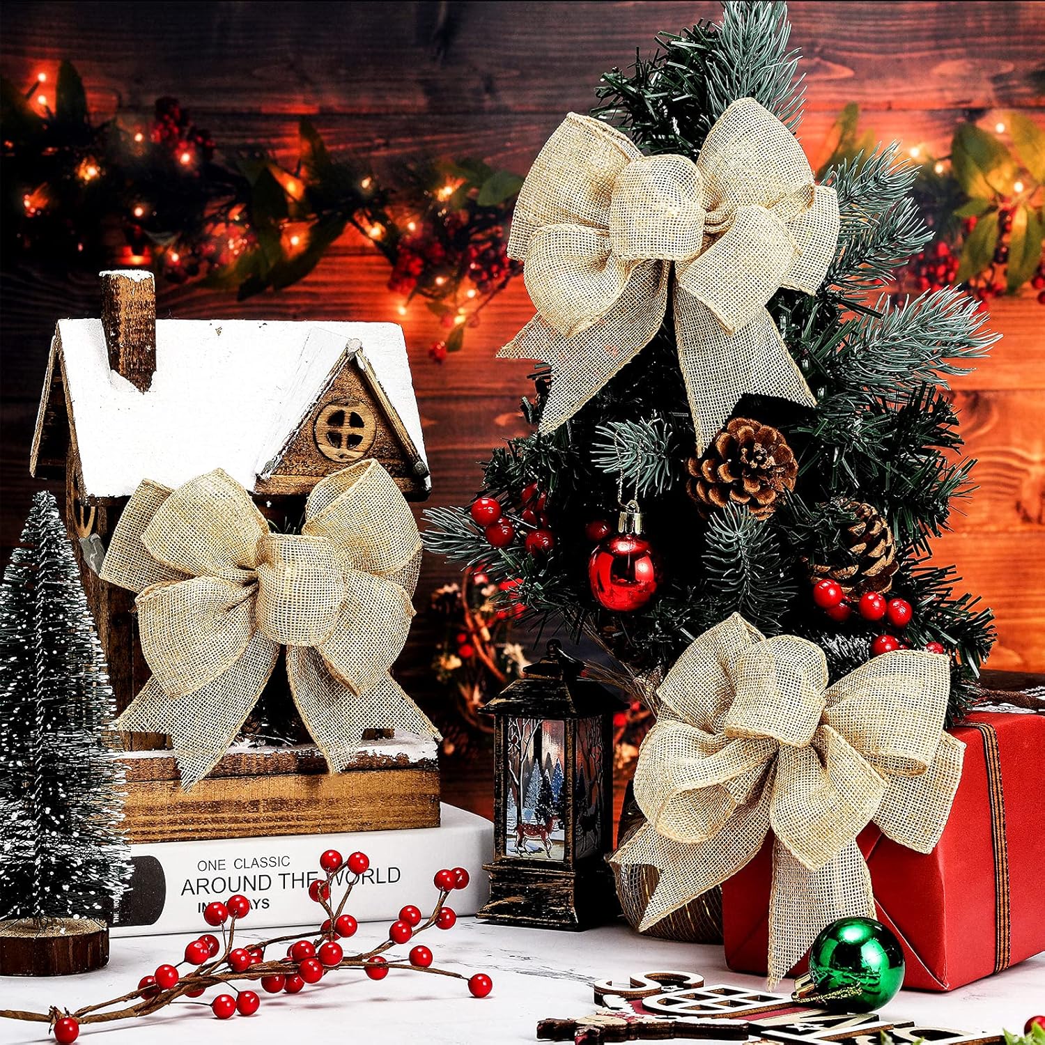 Xinnun Burlap Bows - Rustic Jute Decorations for Holiday Wreaths & Christmas Tree Toppers | Set of 4