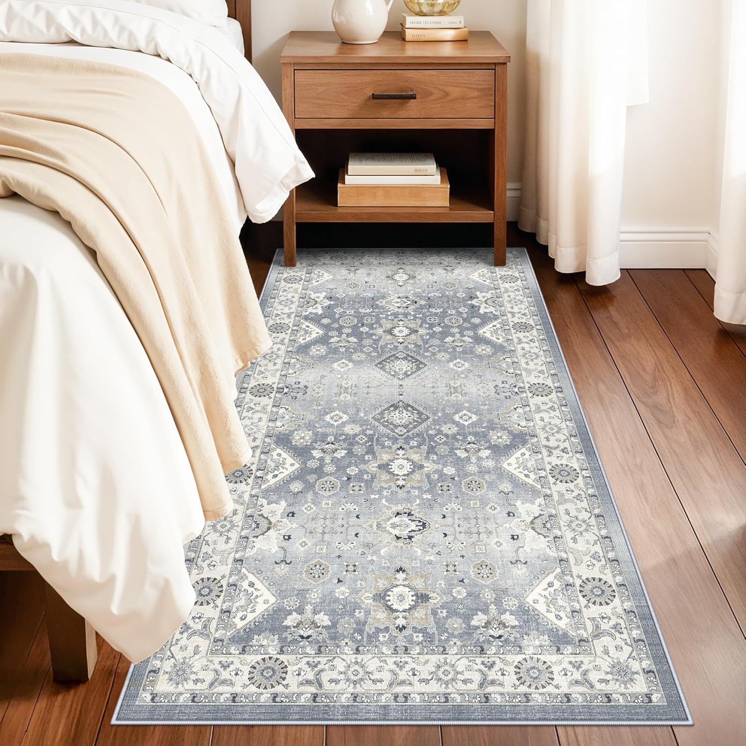 Skiennix 3x6 Vintage Washable Runner Rug - Non-Slip Soft Carpet for Kitchen & Entryway | Grey